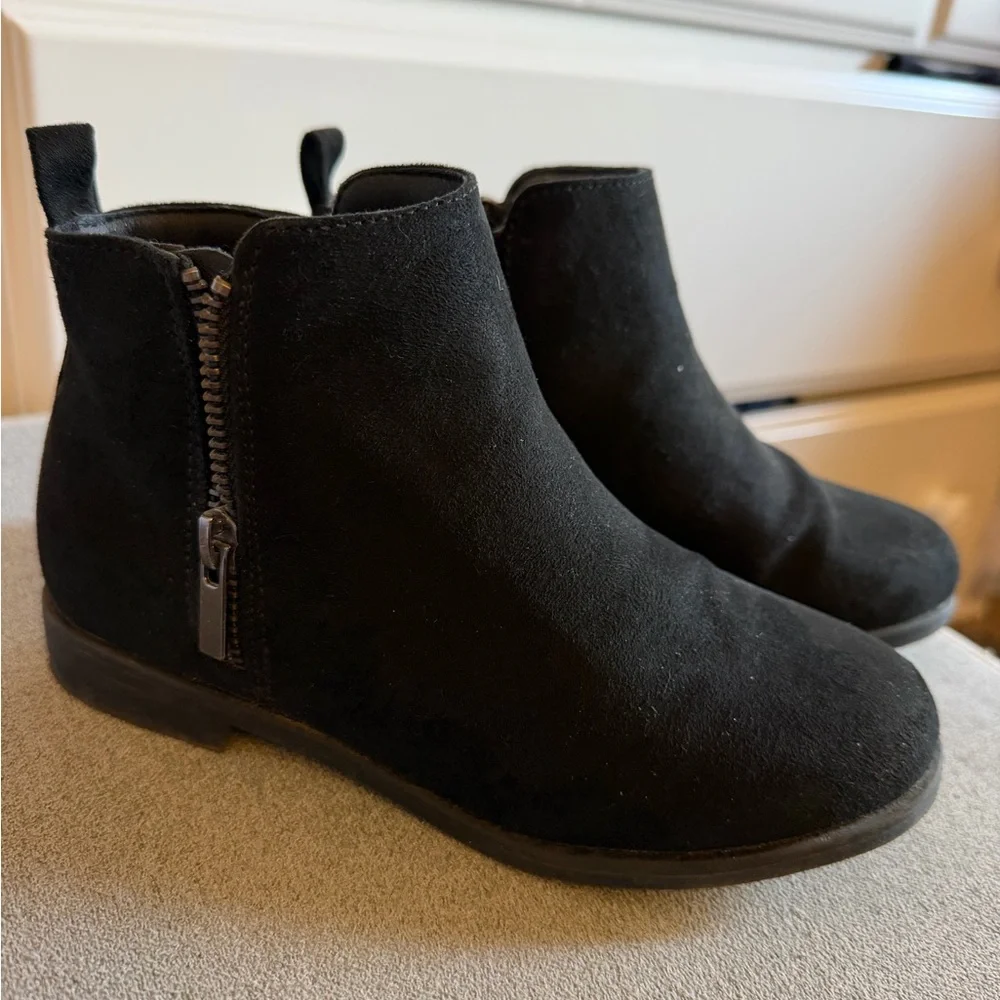 Kids Black Faux Suede Ankle Boots - Classic Zip Side Style